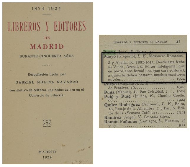 Fragmento del libro "Libreros y editores de Mdrid durante 50 años" (Madrid. 1924) donde aparece Pueyo