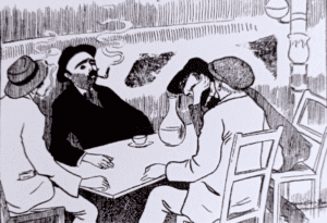 Carrère junto a unos amigos en un café (Madrid Cómico, 23 de diciembre de 1911)
